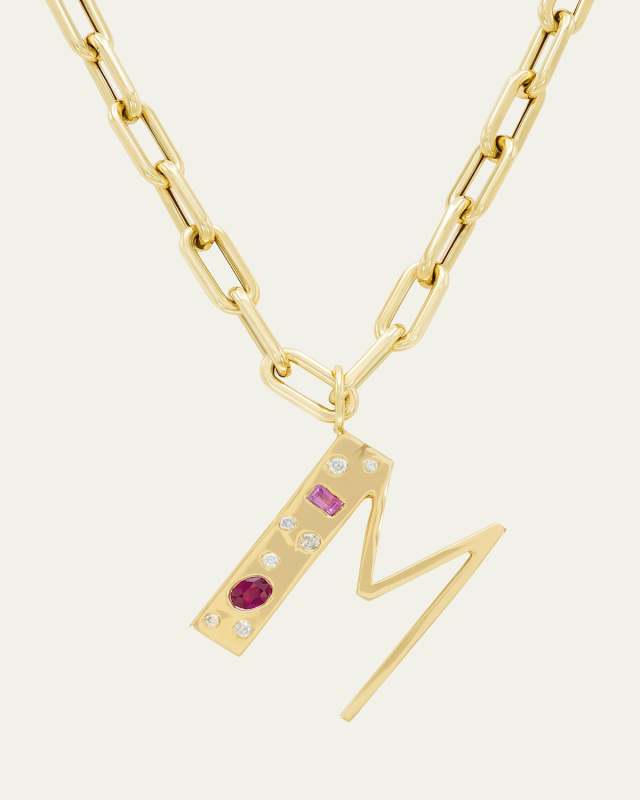 14K Yellow Gold Custom Bespoke Initial Necklace with Diamonds, Ruby, and Pink Sapphire, 18"L